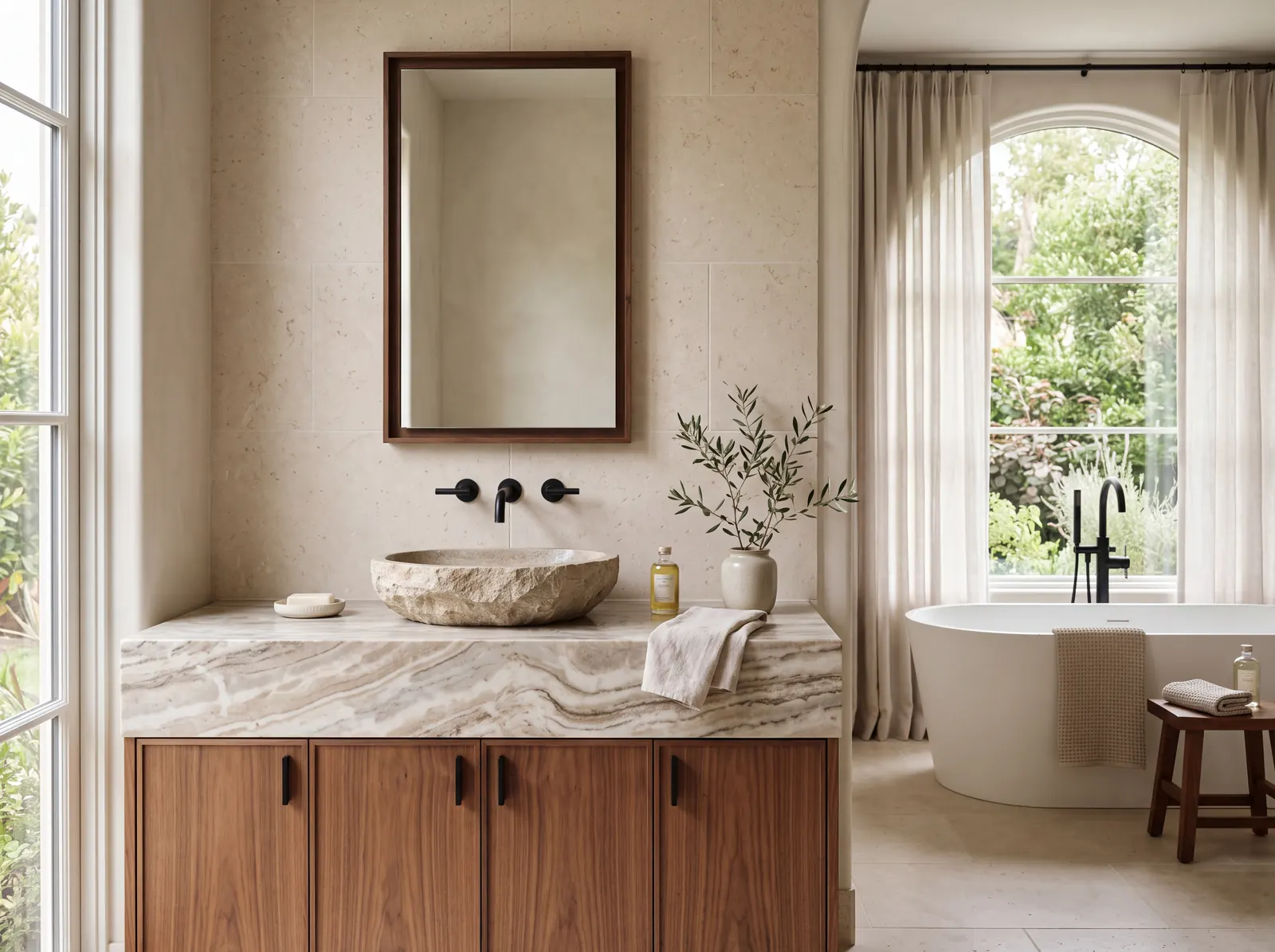 Design concept: quartzite vanity top with a stone vessel sink