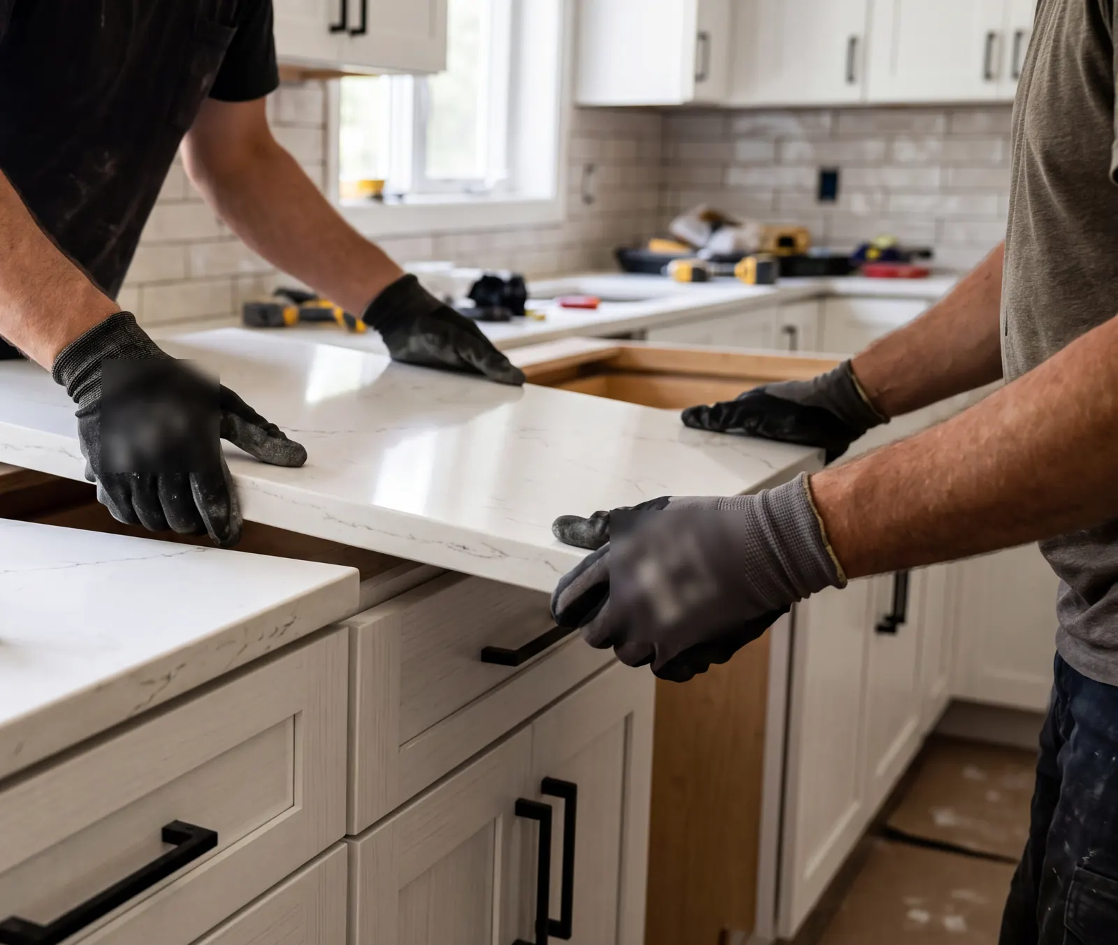 Two installers setting a quartz countertop onto kitchen cabinets